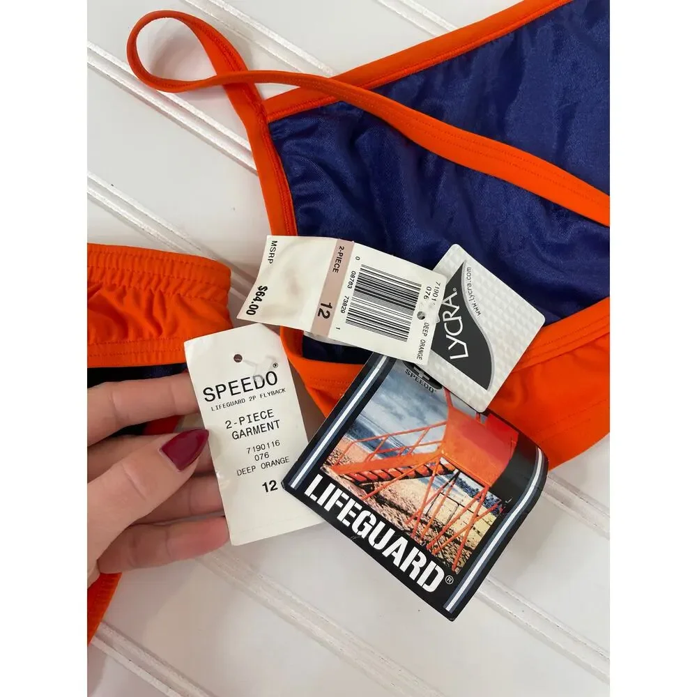 NWT Speedo Lifeguard Flyback 2-Piece Swimsuits Deep Orange Beach Surf 12